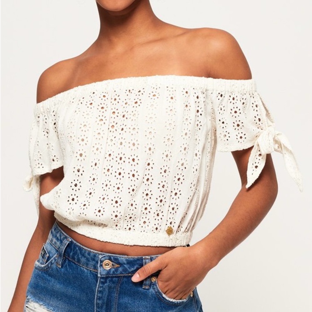 NWT Superdry Amiee Bardot Cottagecore Eyelet Lace Top in White Size US 4